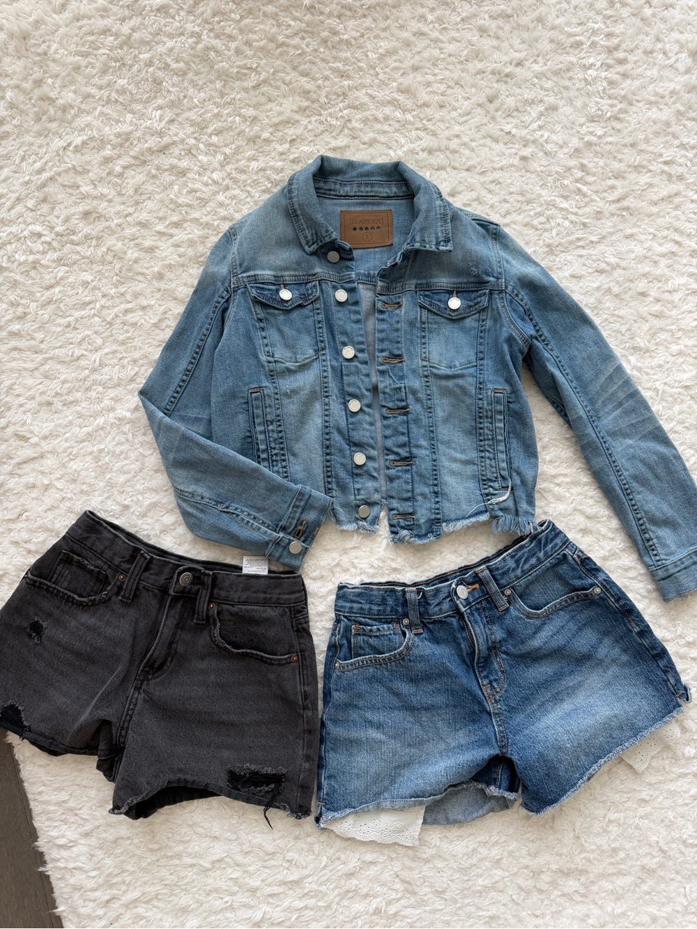 Girls Light Wash Cropped Denim Jacket with Two Jeans Shorts. Size 10 years